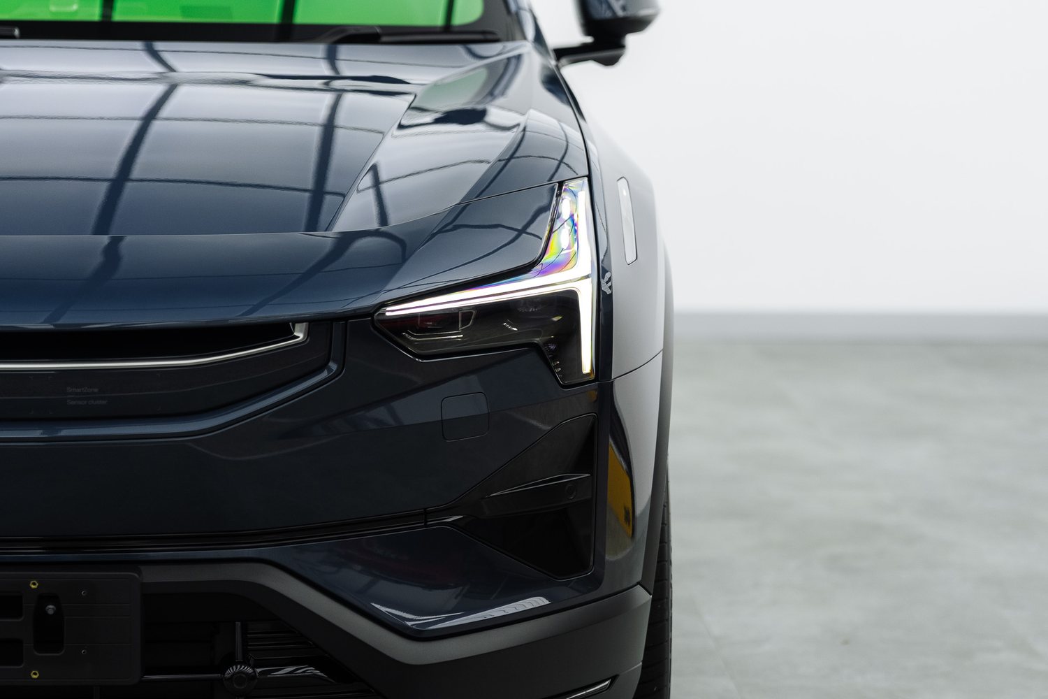 Front end of a blue Polestar