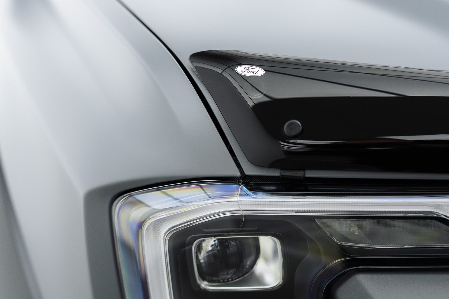 Headlight of a matte grey Ford Ranger Raptor
