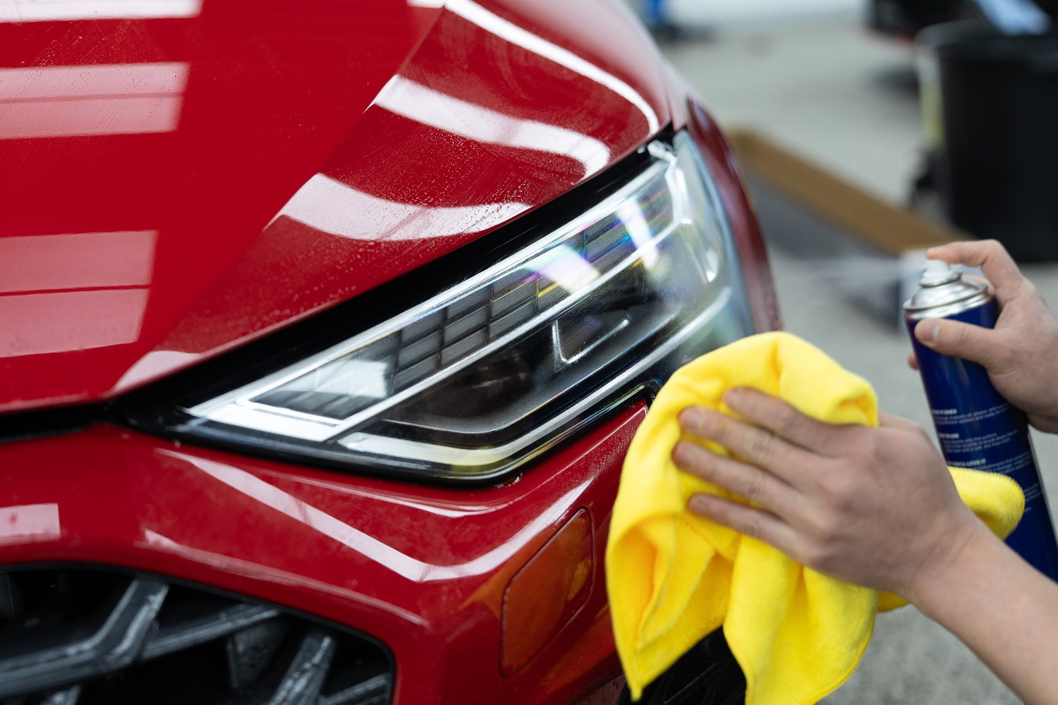 Headlight protection film being fitted