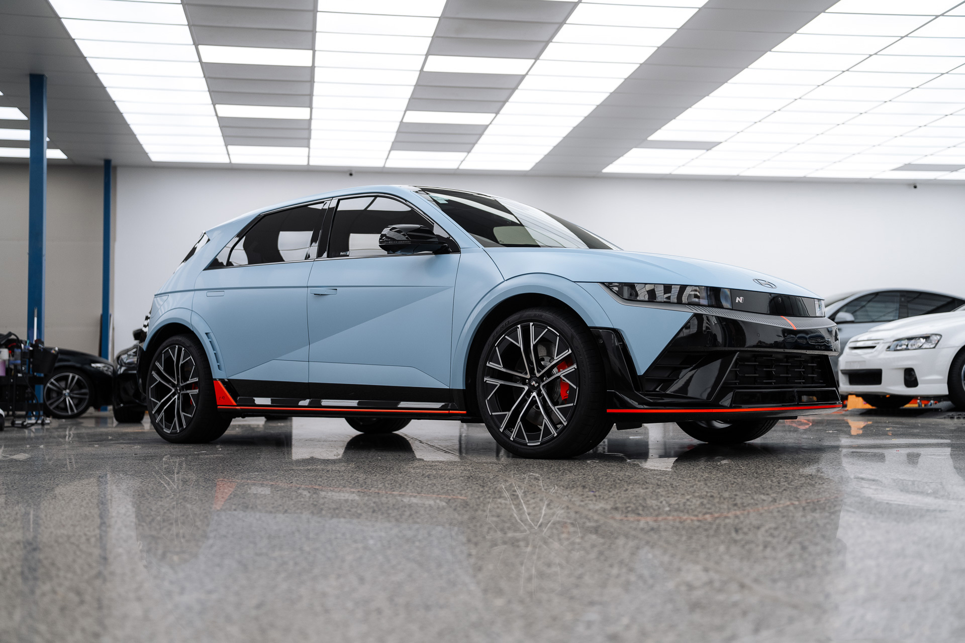 Blue Hyundai Ioniq 5 N in the Liquid R workshop