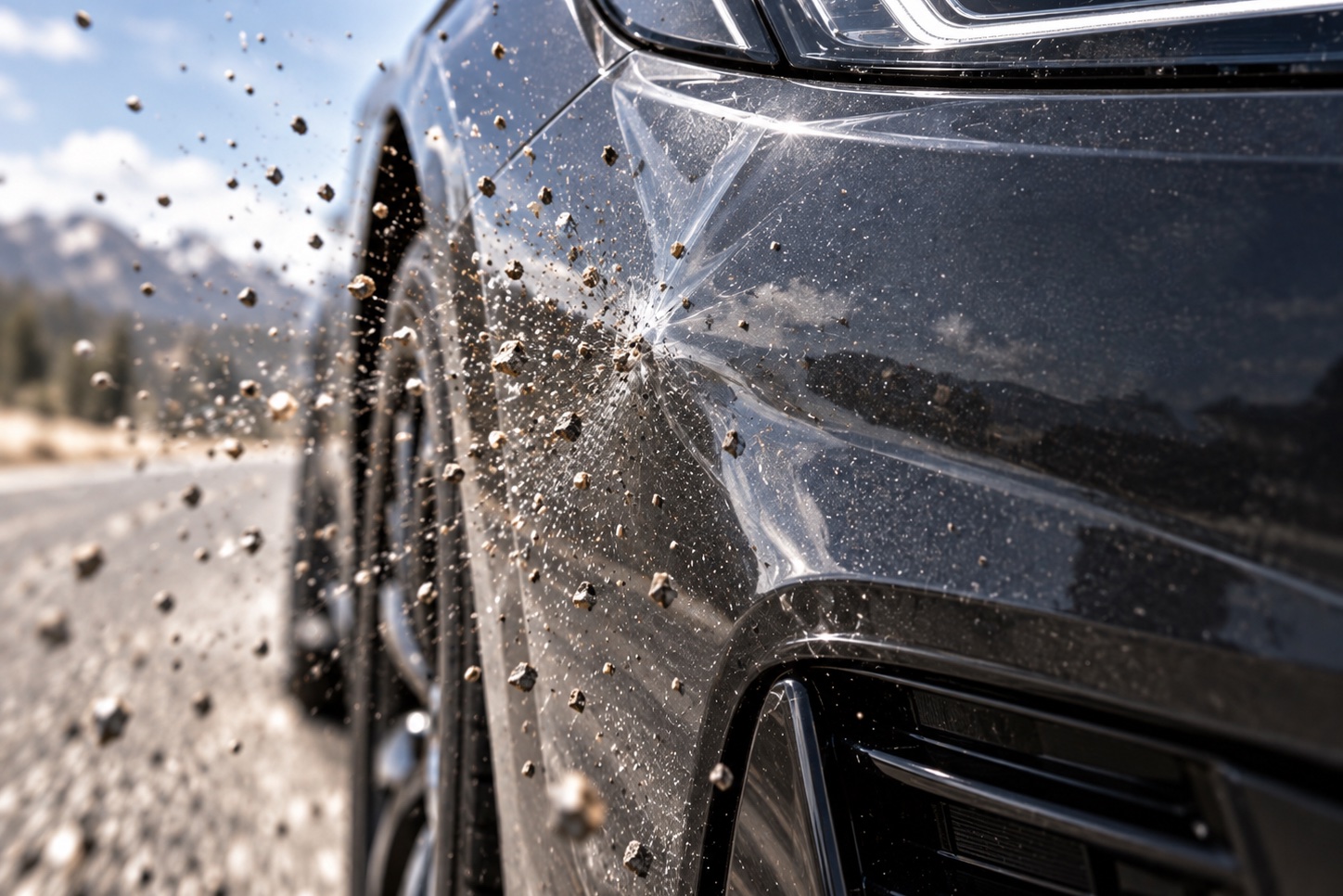 Water beading on a dark car side panel