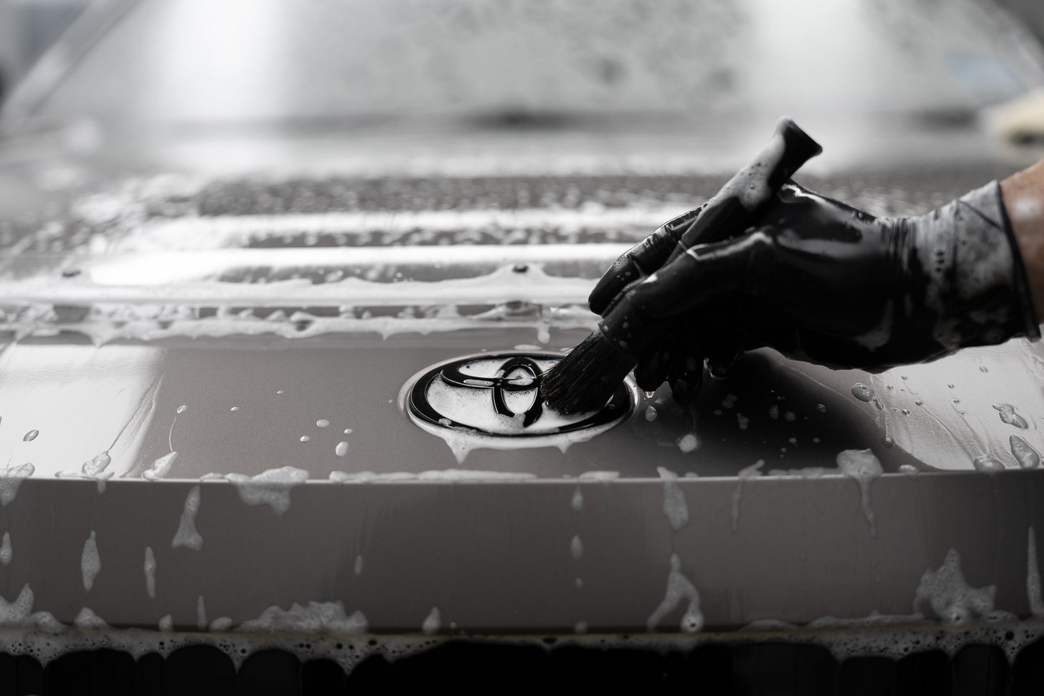 Wash mitt on a soapy panel