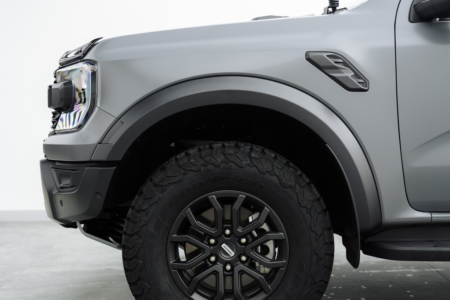 Wheel of a matte grey Ford Ranger Raptor
