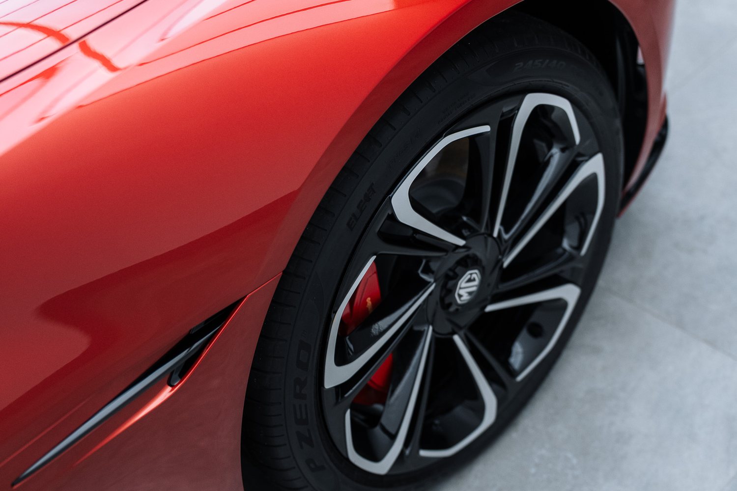 Wheel of a red MG Cyberster
